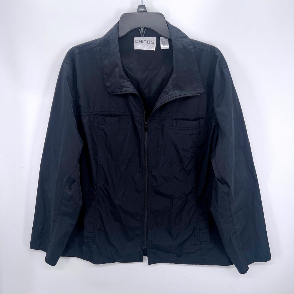 Chico's Women's 3 Zip Front Utility Jacket Size XL Black Lightweight Windbreaker